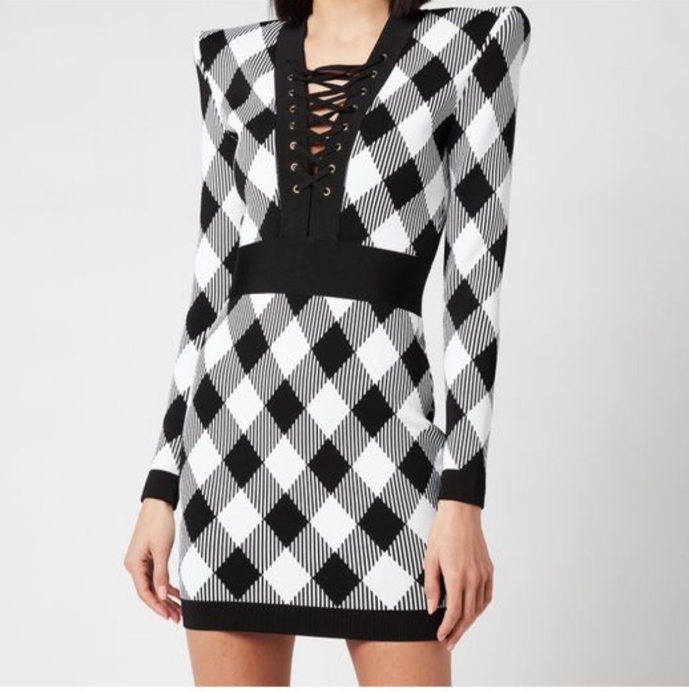 Balmain Gingham Jacquard Long Sleeve Dress - Picture 1 of 14